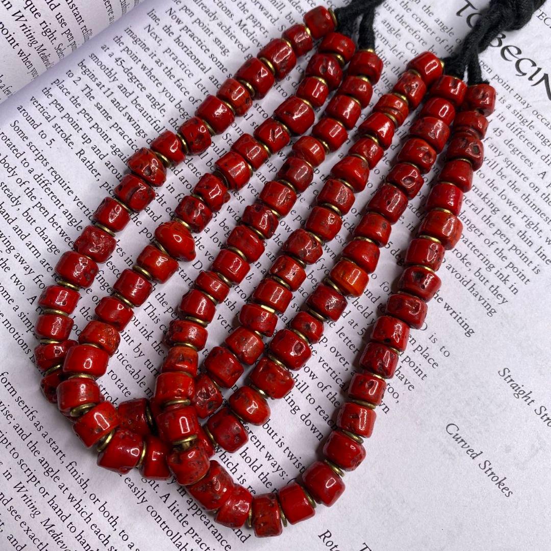 逸品 ネパール 老料ヒマラヤンコーラル ビーズ 赤サンゴ調三連 遵型 ネックレス