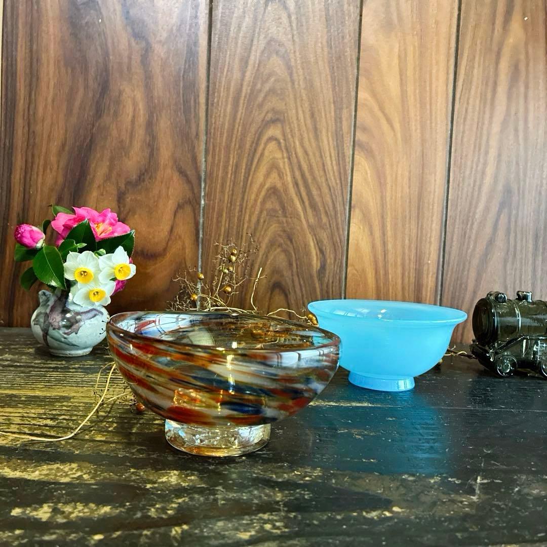 骨董　時代ガラス　希少　碗型　３色　吹雪紋　氷コップ　氷鉢　夏茶碗　１客②