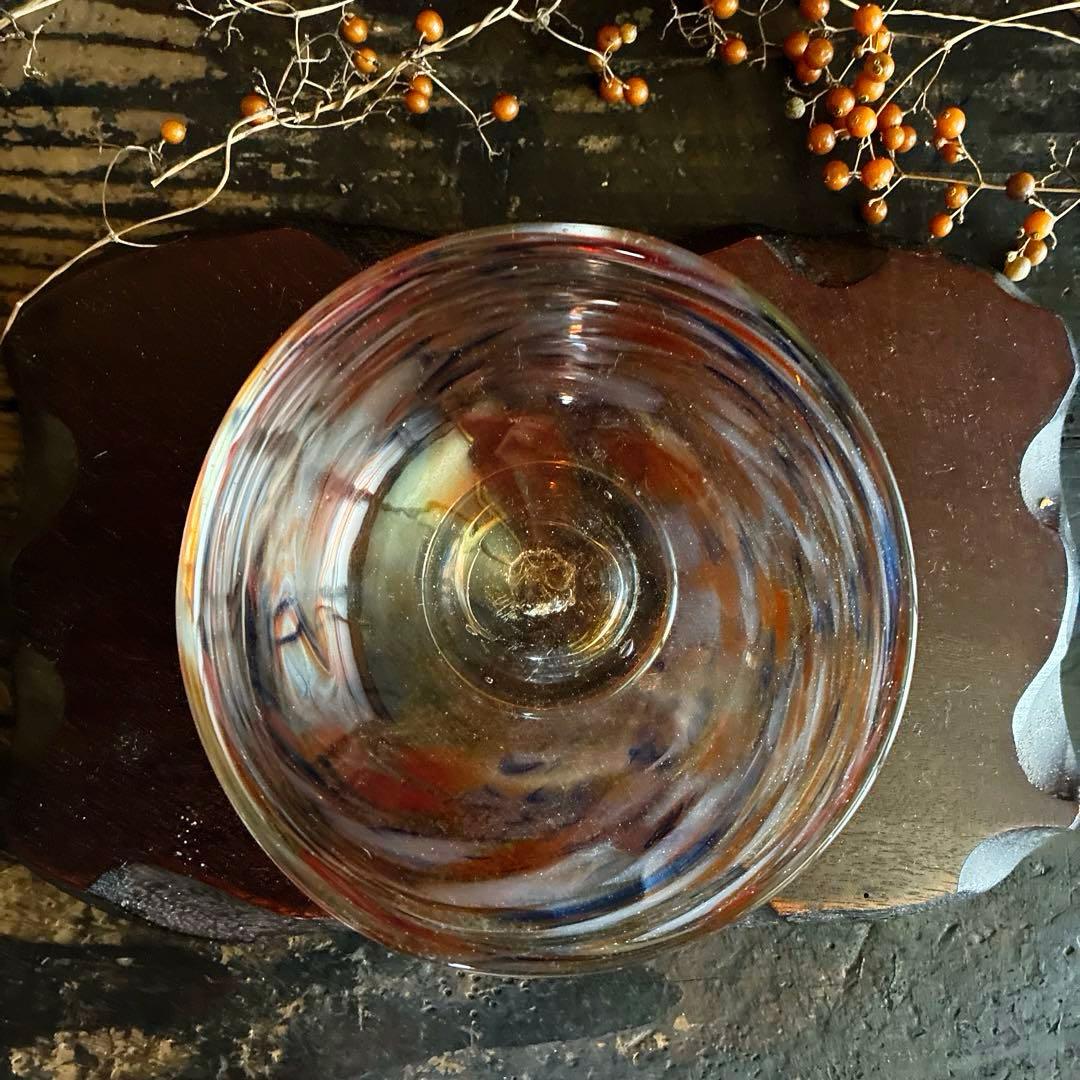 骨董　時代ガラス　希少　碗型　３色　吹雪紋　氷コップ　氷鉢　夏茶碗　１客②