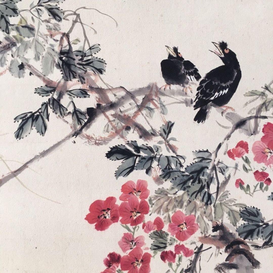 王雪涛 花鳥画 四条屏 相鳴生情 掛け軸 表装済み