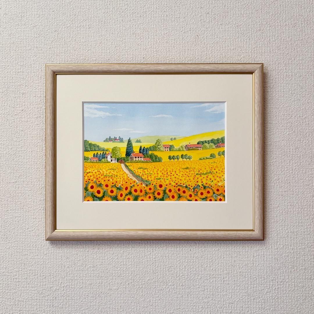 アクリル画　原画　「ひまわりの丘10」額縁付　SMサイズ　風景画