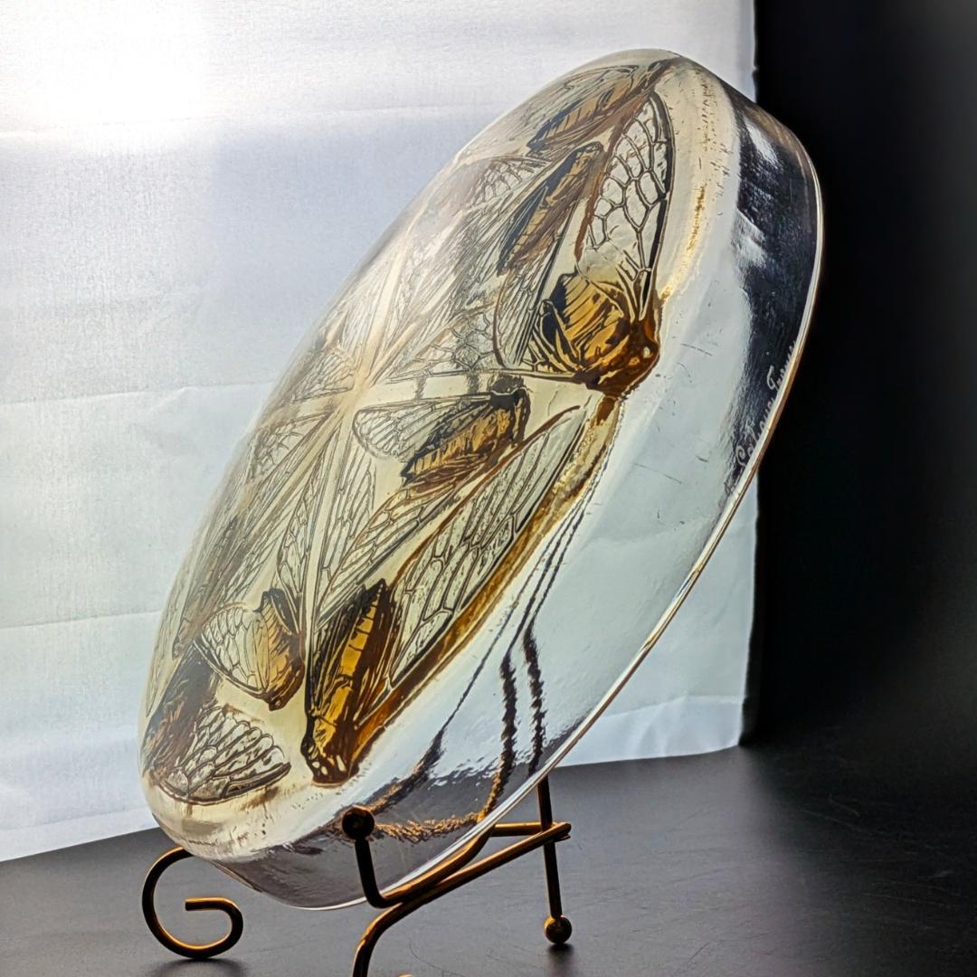 ラリックCigales 1921年セミ紋様26cm大蓋物 純正台座付　極希少