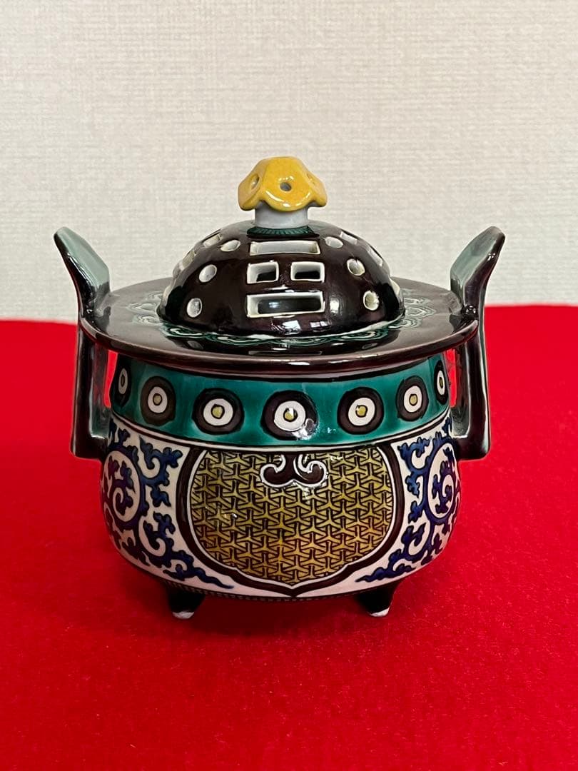 人間国宝 初代 徳田八十吉造 青手 三つ足 香炉 管理T296 共箱付き