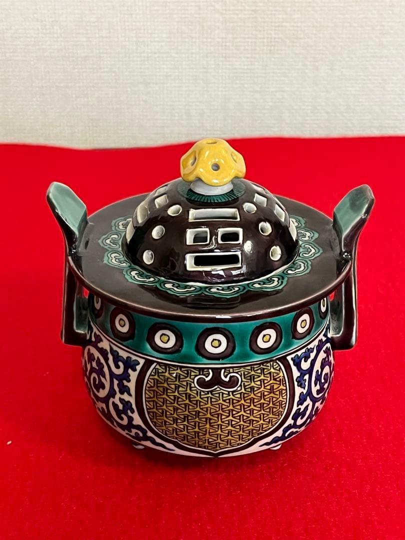 人間国宝 初代 徳田八十吉造 青手 三つ足 香炉 管理T296 共箱付き