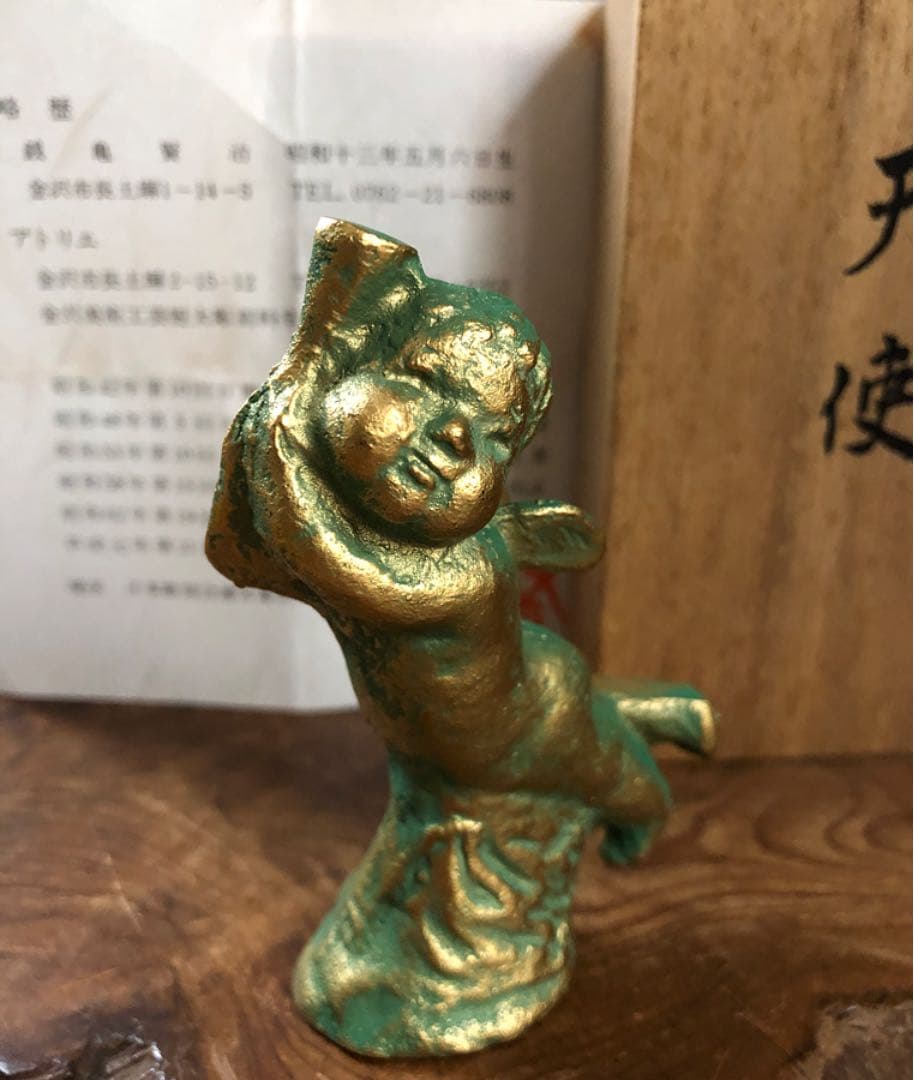 ブロンズ像 (天使) 日展作家 銭亀賢治作 略歴付き 共箱 時代