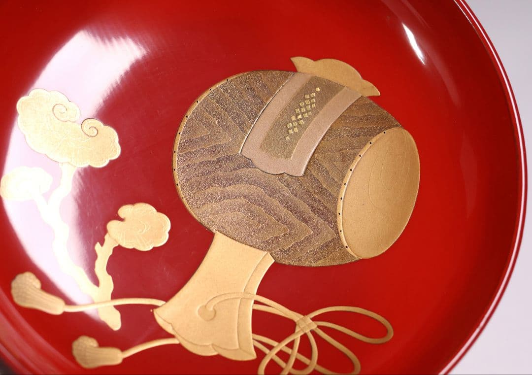 【CM360】輪島塗 宝尽くし金蒔絵 朱塗椀 二客 小槌 軍配 霊芝 木製漆器