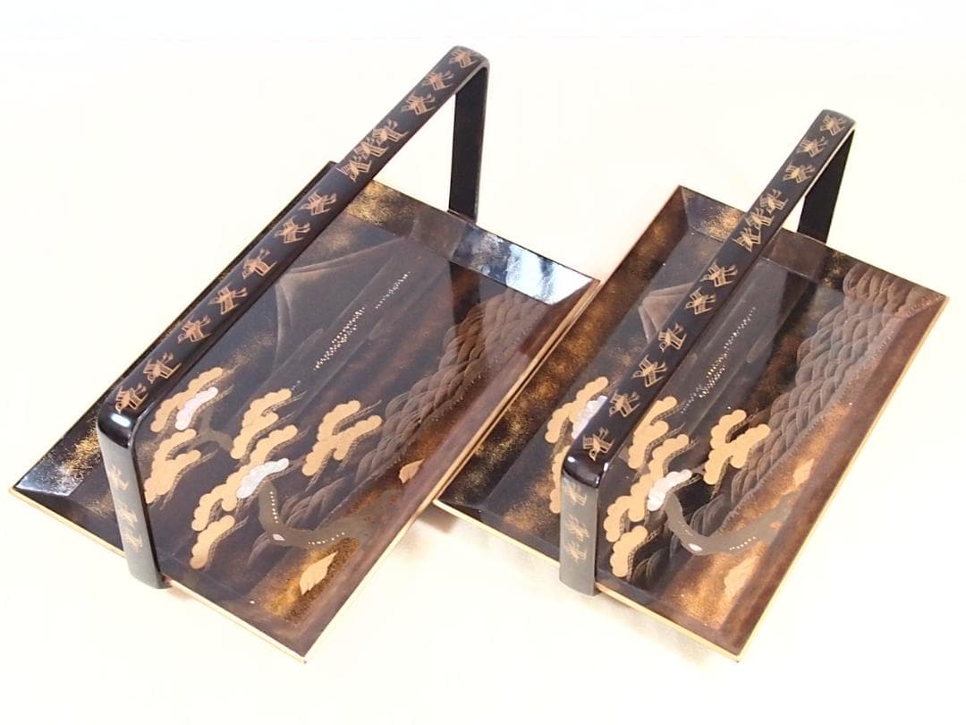 【骨董・良品】山水蒔絵 手付き盆 大小2点 三保の松原の図 古道具 検:輪島塗