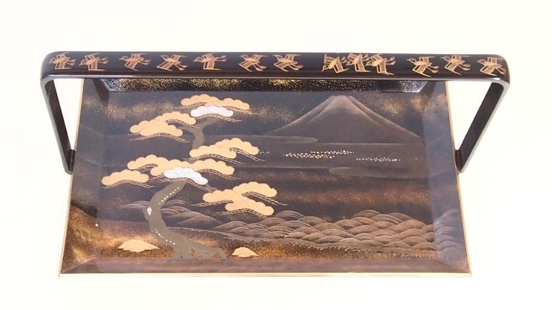 【骨董・良品】山水蒔絵 手付き盆 大小2点 三保の松原の図 古道具 検:輪島塗