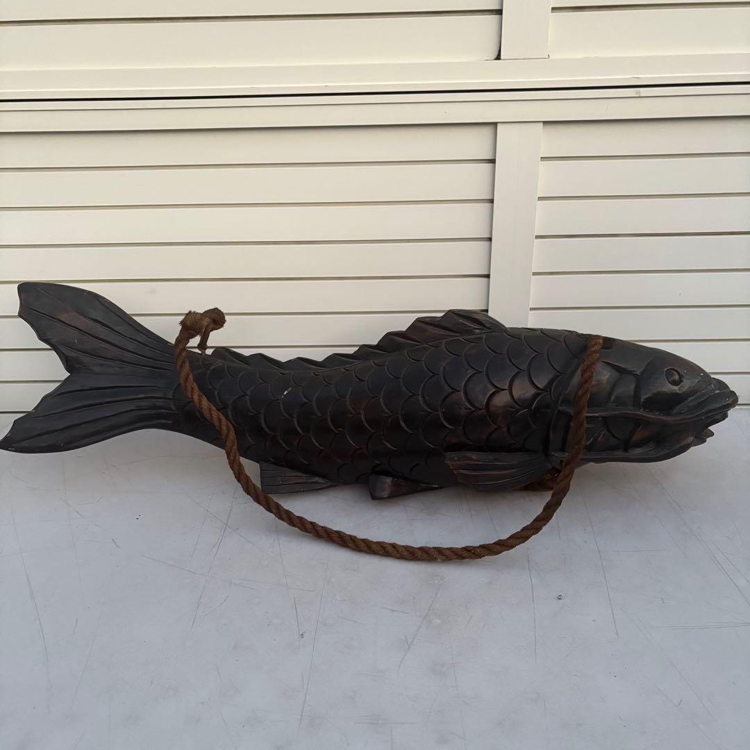 古作■自在鉤 無垢材 鯉型 精緻彫刻 吊り縄 鉄鈎付き 囲炉裏 古道具