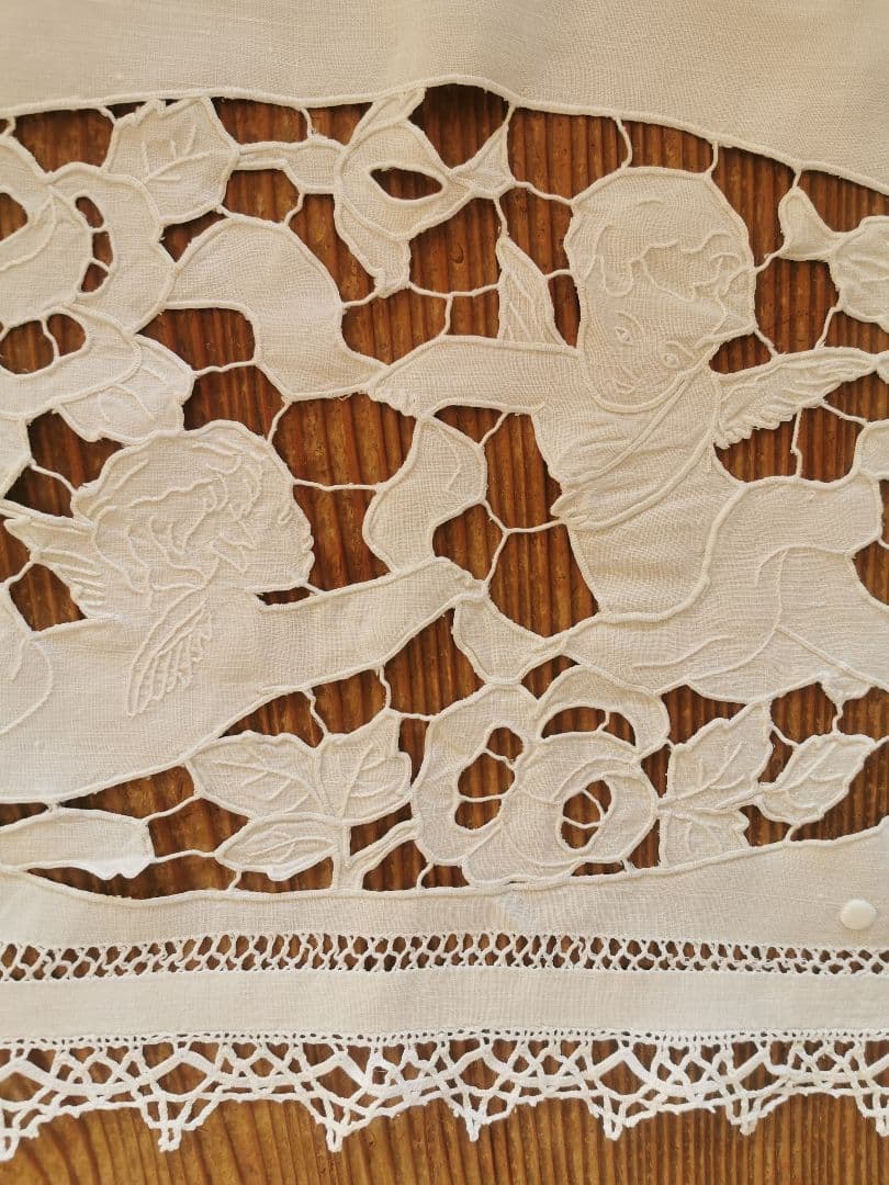 アンティークフランス オープンカットワーク リシュリュー天使 手刺繍ロングクロス