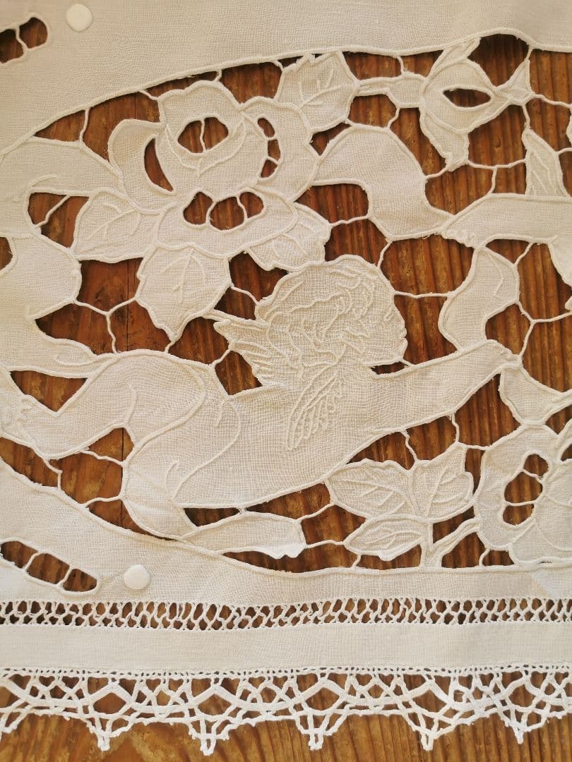 アンティークフランス オープンカットワーク リシュリュー天使 手刺繍ロングクロス