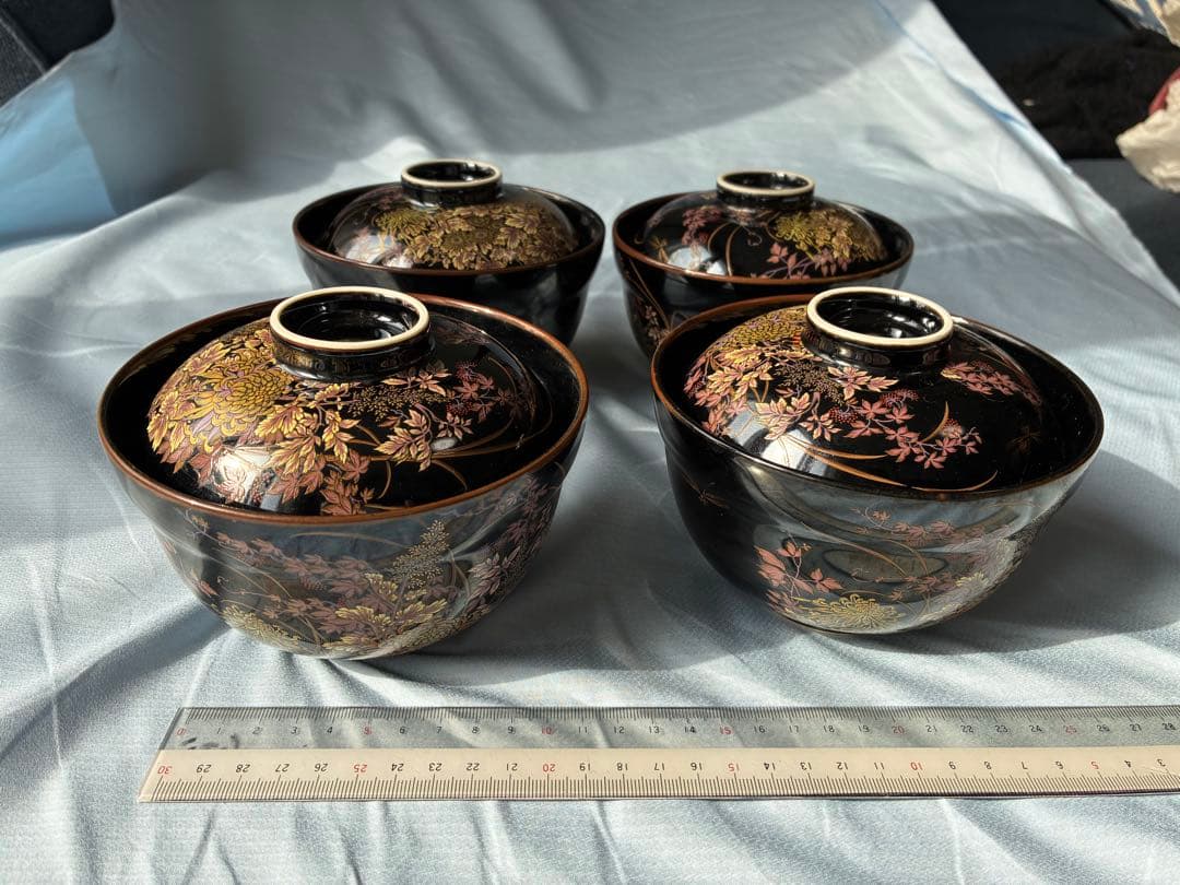 【有田焼】幸山窯 天目菊 蓋付きお椀 4客セット 金彩 豪華 汁椀 吸物椀