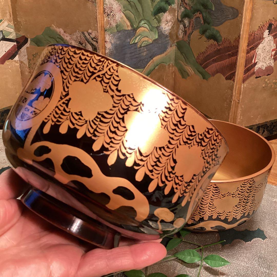 Ａ913 木製輪島塗　枝垂桜蒔絵　時代物　盃洗　1対　（合わせ箱付）