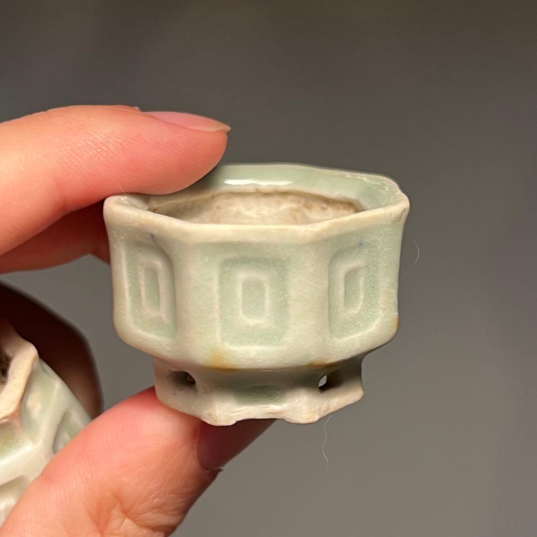 797.夢陶 青磁釉八角豆鉢2 点 ミニ鉢 盆栽鉢3.6*3.8*2.7cm