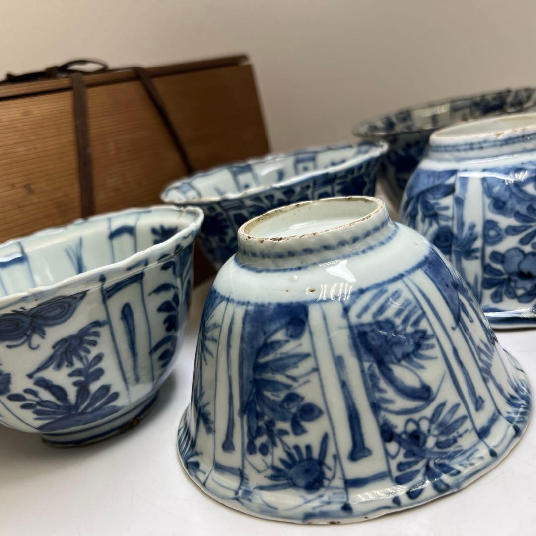 中国明時代　古染付芙蓉手鉢5客　木箱付　口径約13㎝　東Y8-0128☆2F