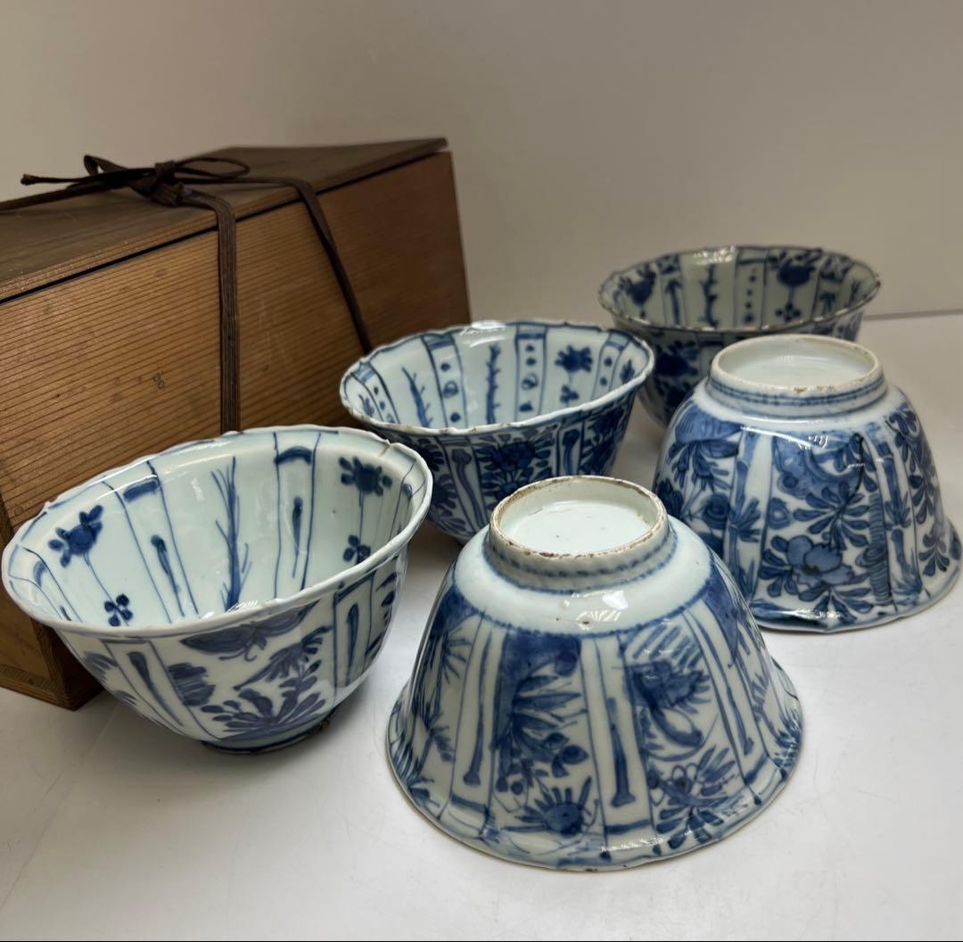 中国明時代　古染付芙蓉手鉢5客　木箱付　口径約13㎝　東Y8-0128☆2F