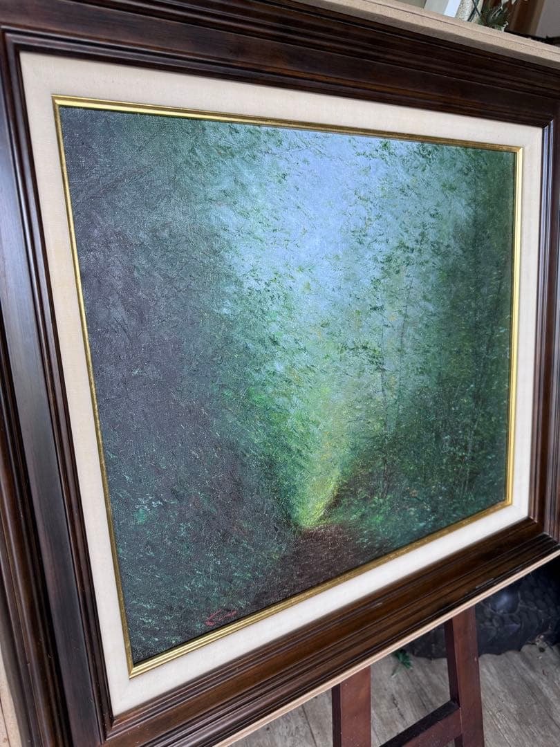 板垣文雄 油彩画 NO.1953 1988年制作　山形県古寺への経にて黒檀額付き