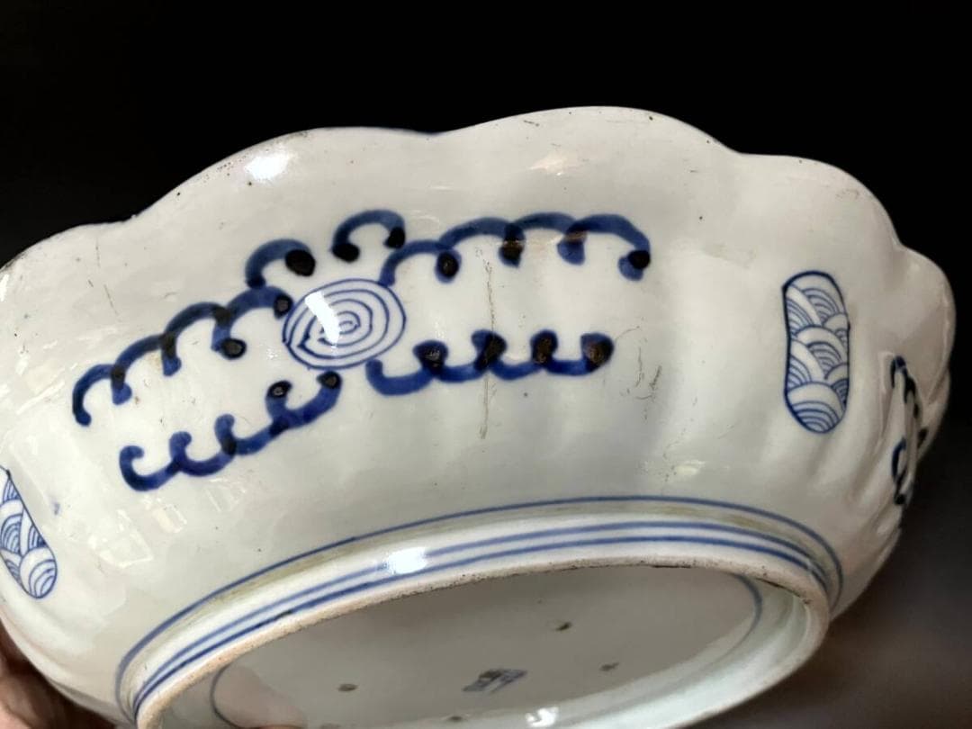 大皿■青華麒麟紋花弁型皿 染付花唐草 江戸期 古伊万里 古玩 時代物 骨董品■