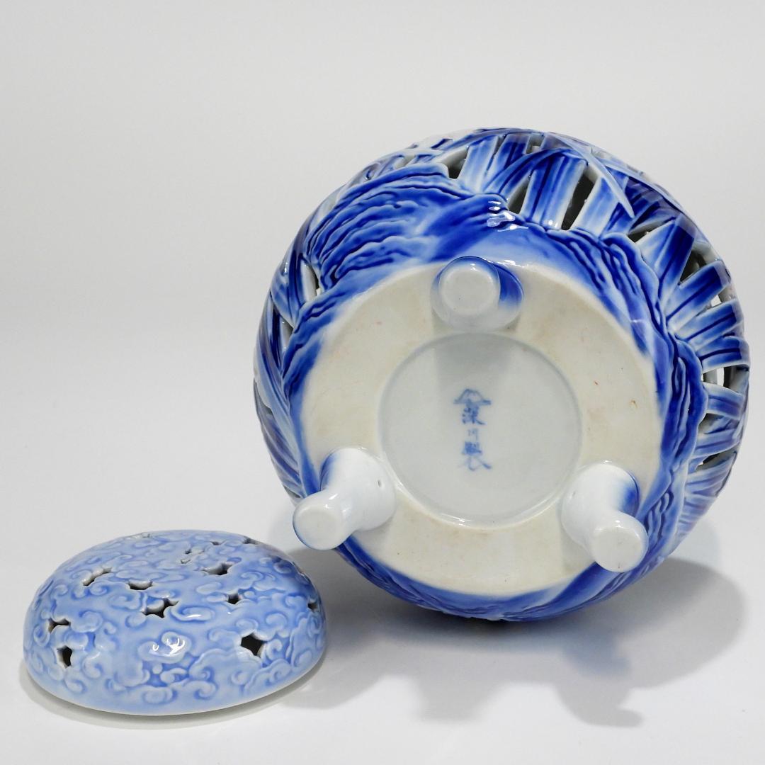 深川製　蘭彫刻 香炉 共箱