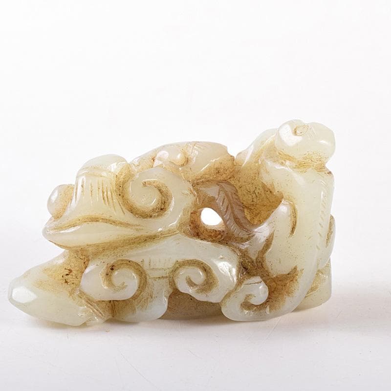 中国　玉石白玉彫刻　霊芝に神獣　根付　紙鎮　置物　C　7806E