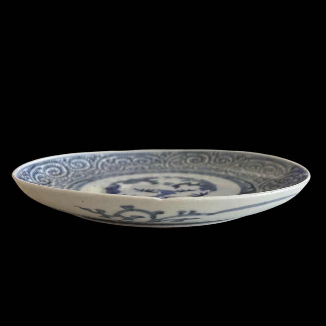 有田 伊万里 染付 印判手 小皿 蛸唐草 渦唐草 見返し蓮弁 見込 花文 竹葉