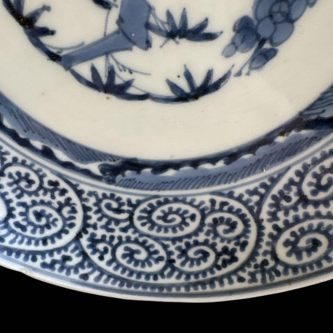 有田 伊万里 染付 印判手 小皿 蛸唐草 渦唐草 見返し蓮弁 見込 花文 竹葉