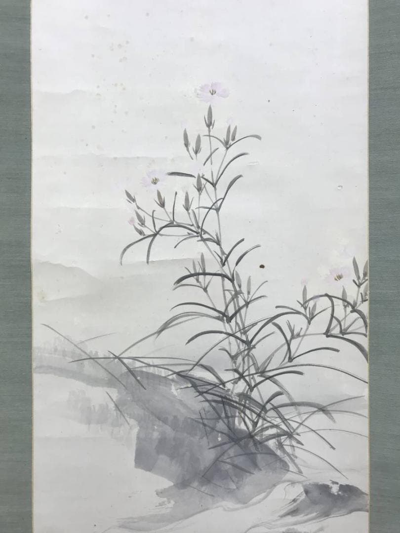 真作/石川有隣/撫子/ナデシコ図/花鳥図/蜻蛉図/掛軸/名家伝来AE-373