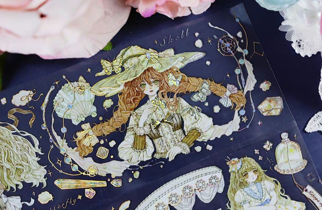 巻売 523★ 海外 マスキングテープ マステ PET 装飾 人物 金ホロ+水晶