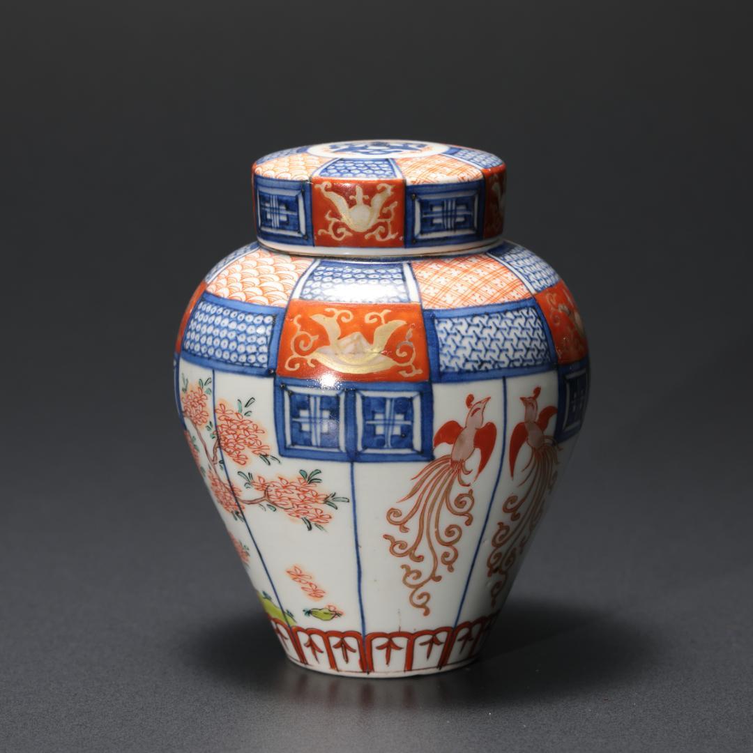 伊万里色絵花鳥図　茶壺　古伊万里　骨董　R1181お12