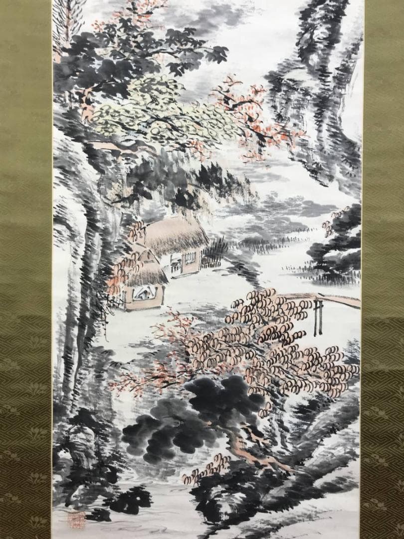 真作/三井飯山/紅葉山水画賛/山水図/掛軸☆宝船☆AE-409