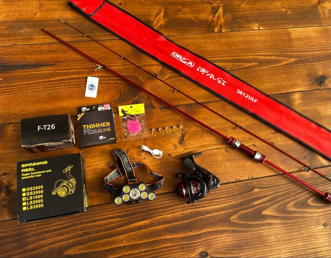 アジングセット　超軽量　S612ULF アジングロッド　リール　ヘッドライト付き