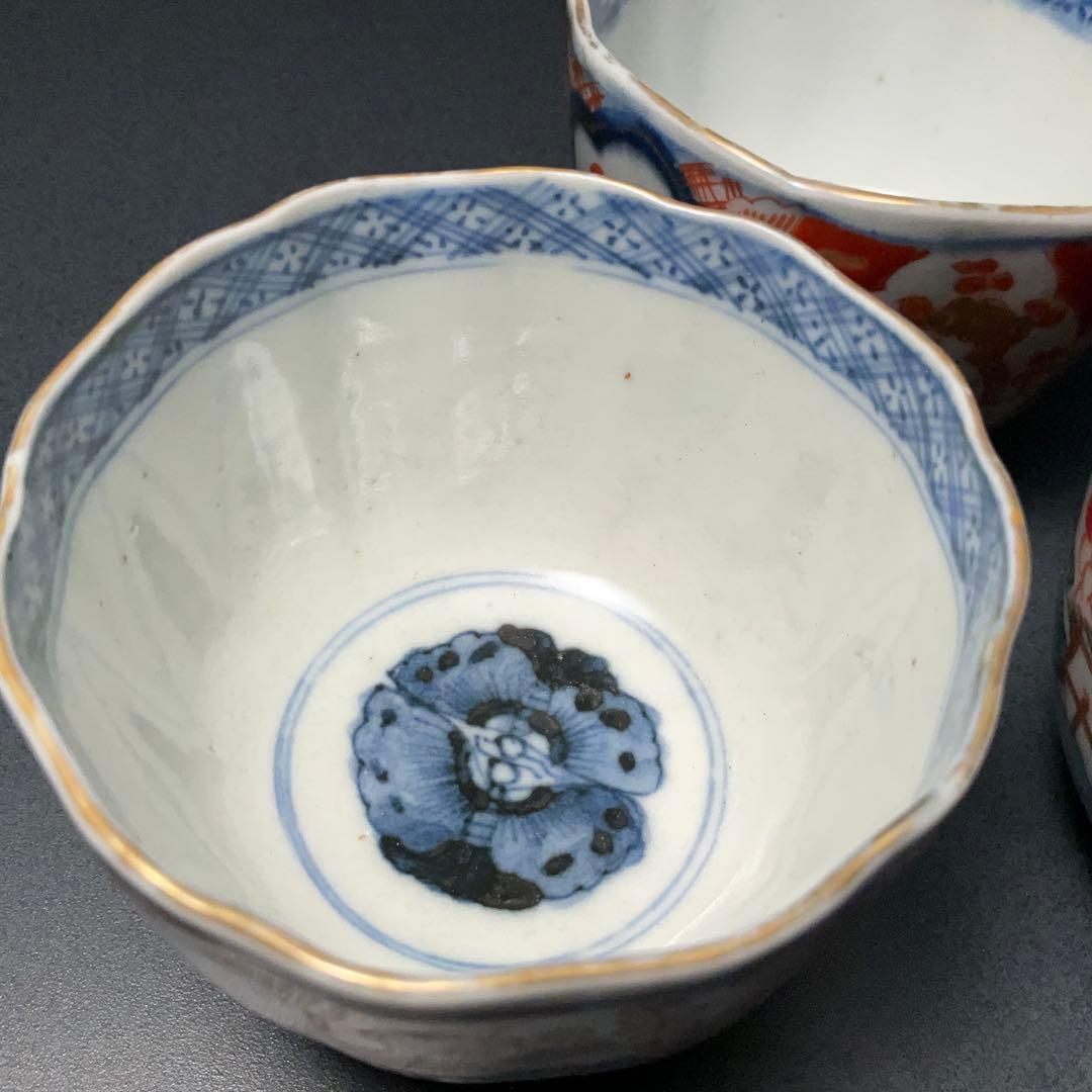 伊万里色絵窓絵花図向付3個　赤絵　通り文　古伊万里　R1373B2