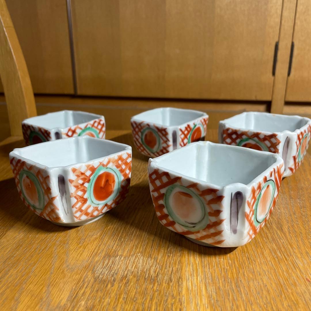 須田菁華　赤絵丸紋向付五客　箱なし