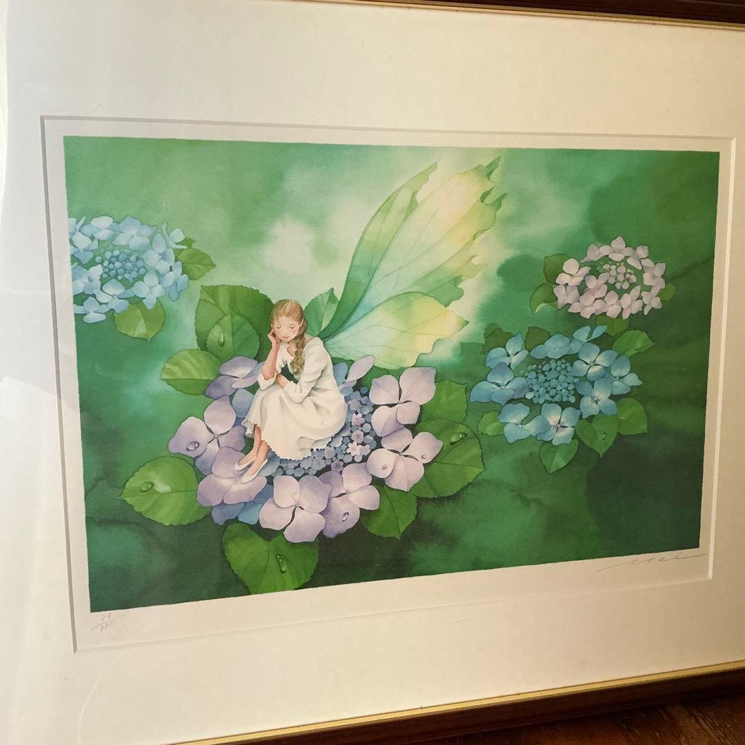 リトグラフ　永田萌　「雨の香りに包まれて」大判 サイン入り　木製フレーム