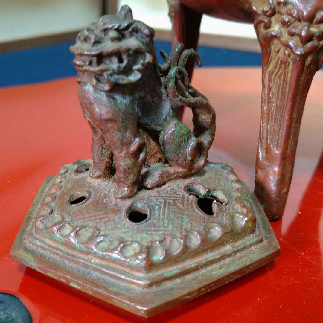 二上常太郎 元威作獅子香炉 三足鋳銅 共箱 共布 作歴付 AH26