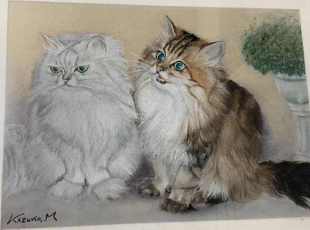 【額装美術品】町田和子 猫 絵画 パステル画 サイン入り 1988作品 求愛 r