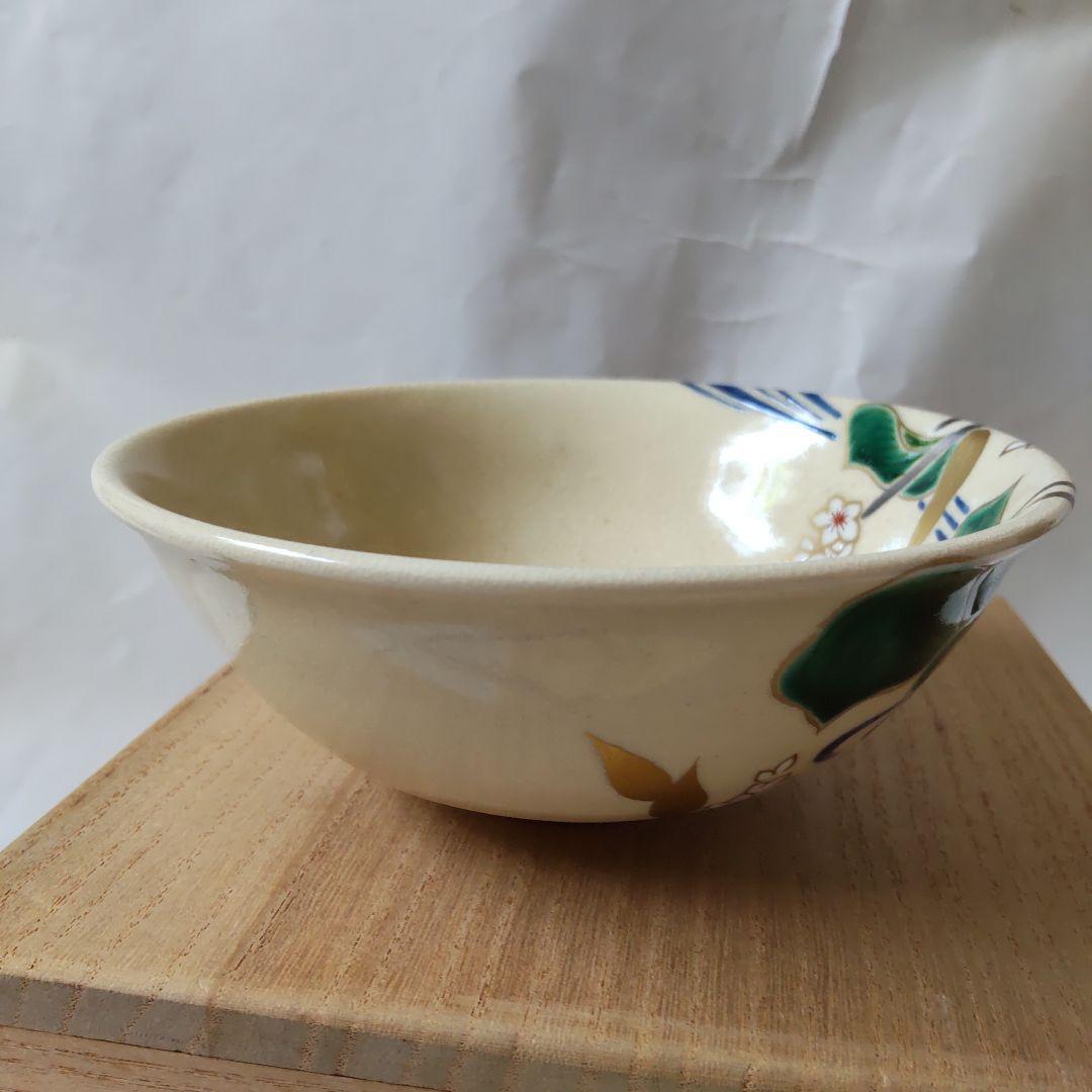 京焼 通次嵩山 作 平茶碗 『 仁清写 沢瀉 』共箱 共布 茶碗 抹茶碗 美品