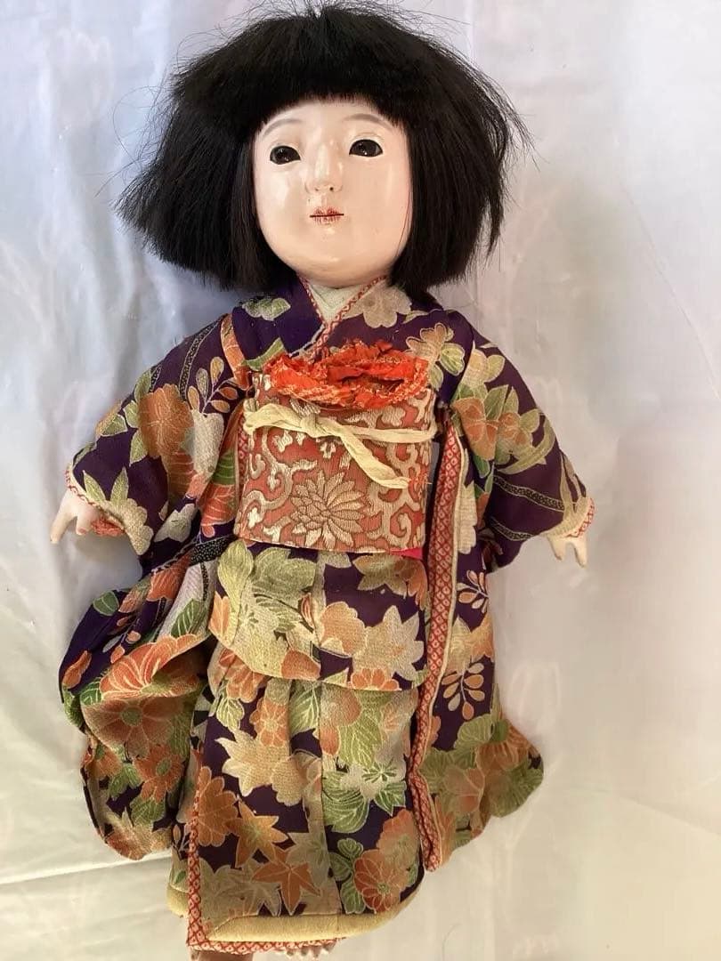 ヴィンテージ市松人形 徳光斎　約40cm 花柄着物　吹子付き　人毛　ガラス眼