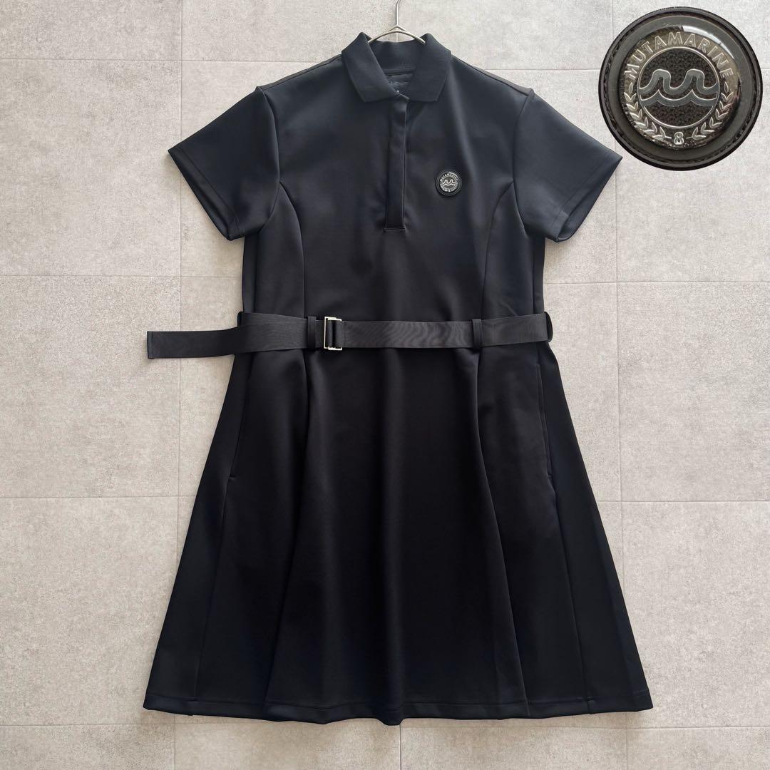 タグ付き　ムータマリンゴルフ　ワンピース　半袖　ロゴプリント　ベルト　黒　フレア