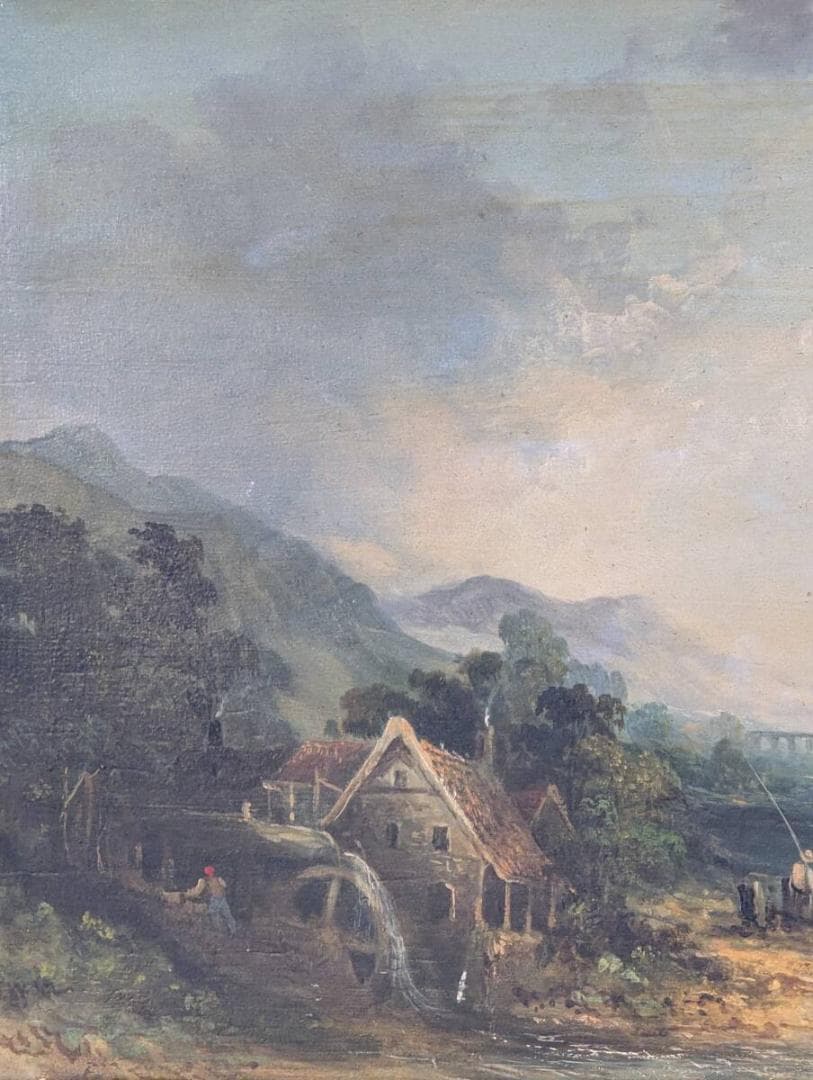 【真作】絵画　油彩　水車小屋と渓流　古典ヨーロッパ風景画　クラシック　X173