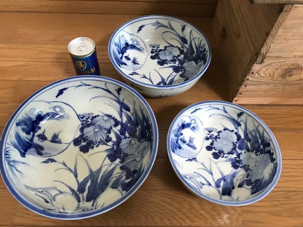 【アンティーク・天保10年】 古伊万里 染付 藍染 三ツ丼 木箱付き