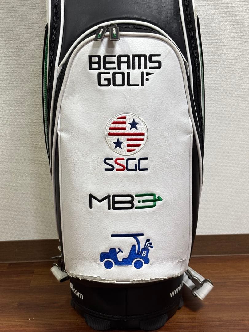BEAMS GOLF キャディバッグ 白×緑 フード付 使用感あり