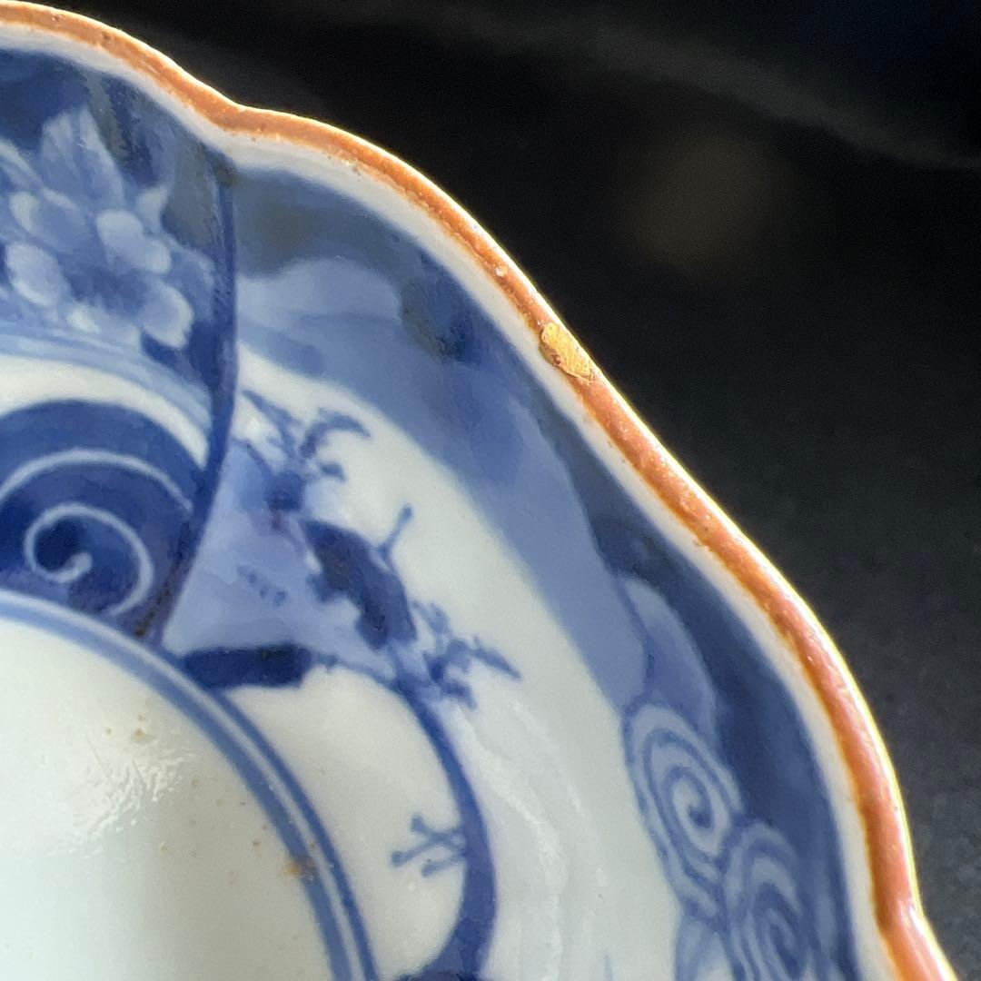 江戸中期　藍柿右衛門手輪花膾皿5枚　幅約14㎝　東Y8-0106☆2F