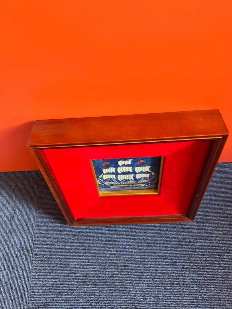 1343  源右衛門 染付 陶板画 額装 帆船 額縁  置物　工芸品