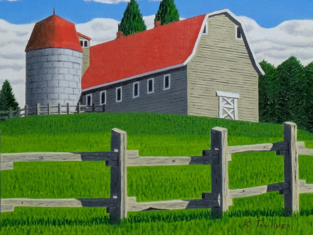 ★サイロのある牧場・肉筆油彩画・F6キャンバス