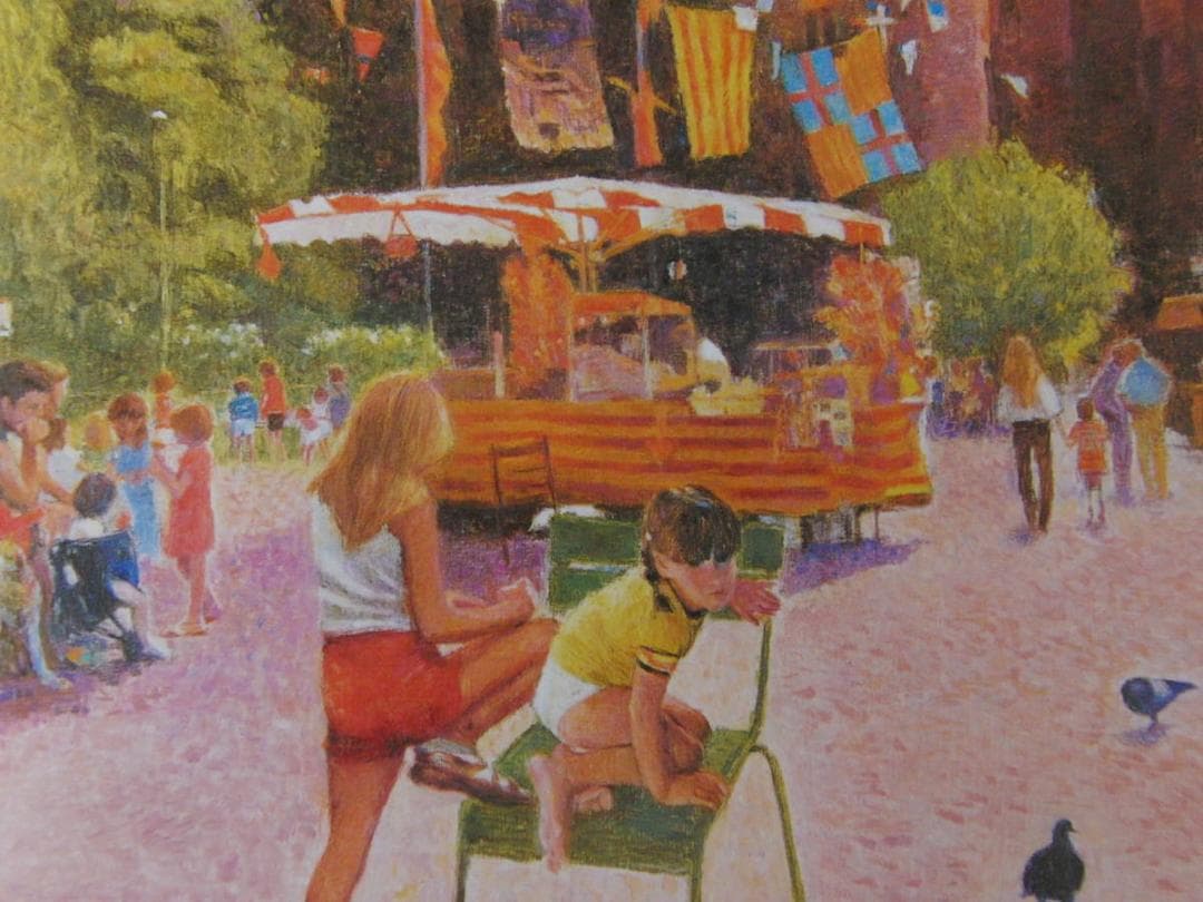 丸山正三、【バルセロナの広場】、希少な額装用画集より