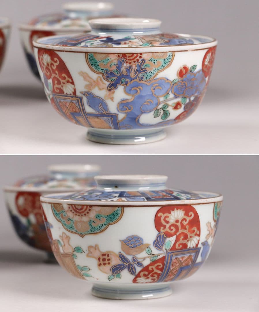 古伊万里 色絵蓋茶碗 五客 太宣年成 花鳥 錦手 染錦 赤絵 金彩 CK61