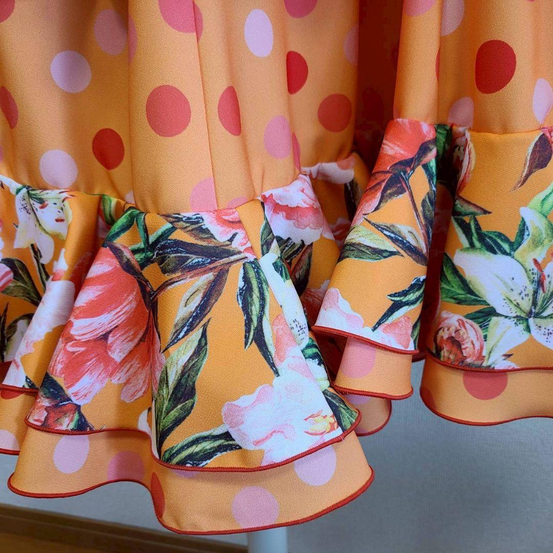 フラメンコスカート オレンジ 花柄 ドット