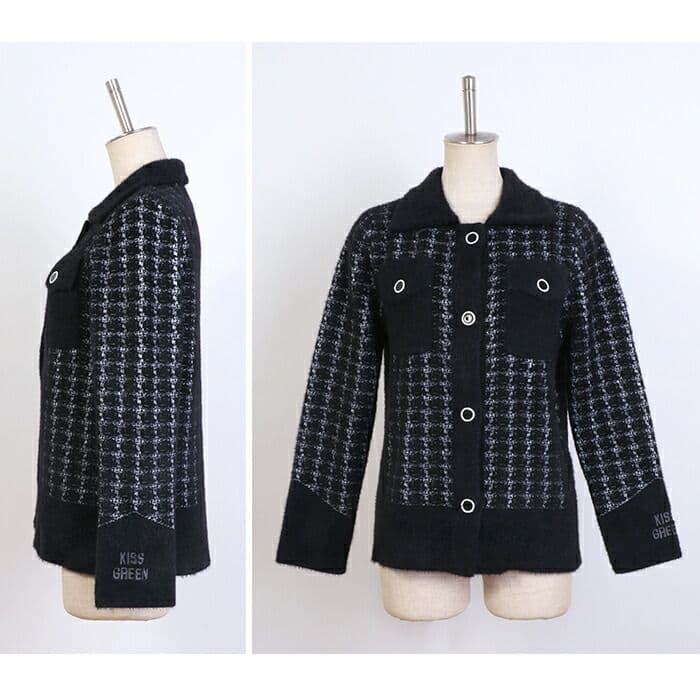 新品暖かく伸びるツイード風ニットセットアップkiss on the green黒