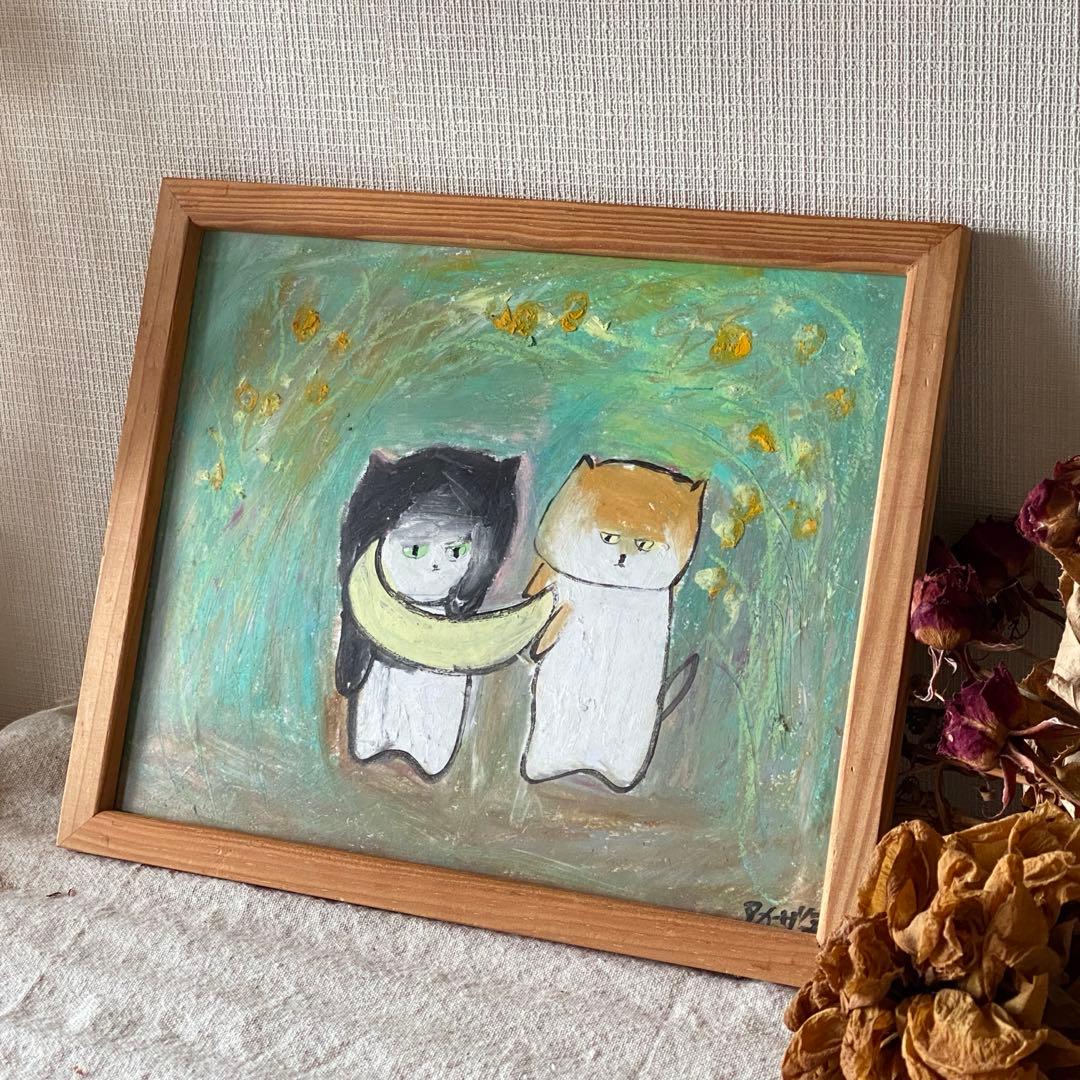 絵画。原画【神秘的な花の基地で、猫ちゃんたちは月を持って未来を楽しみにしている】